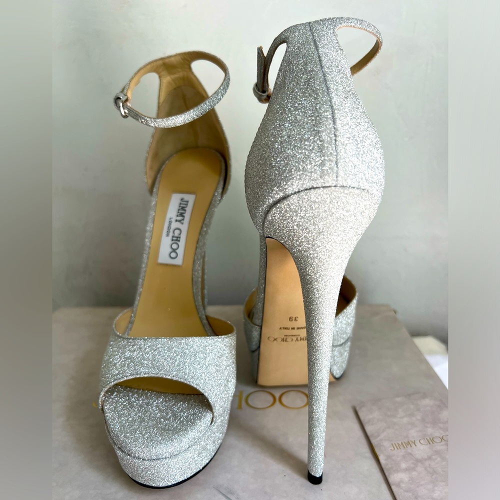 Jimmy Choo Silver Glitter Platform Ankle-Strap Stilettos